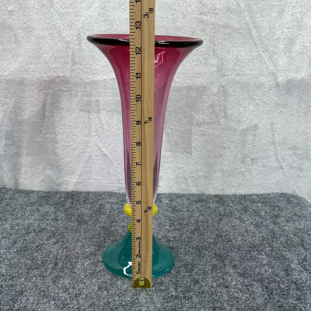 Hand Blown Glass Trumpet Vase Cranberry Teal Base Yellow Knob 12.5